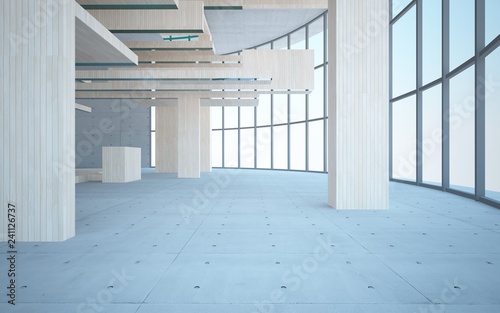 Abstract interior of wood  glass and concrete. 3D illustration. rendering 