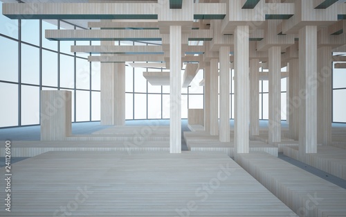 Abstract interior of wood  glass and concrete. 3D illustration. rendering 