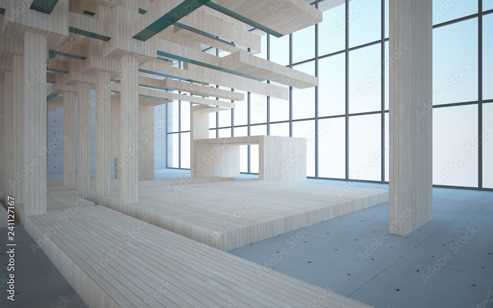 Obraz premium Abstract interior of wood, glass and concrete. 3D illustration. rendering 