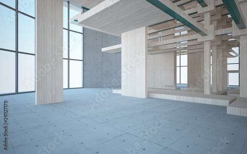 Abstract interior of wood, glass and concrete. 3D illustration. rendering 