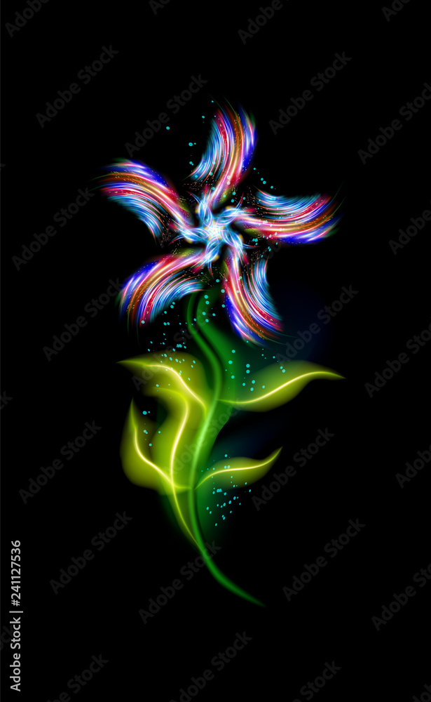 Modern blue glowing flower. Colorful ornamental floral element in black background. Beautiful trendy illuminated ornaments with decorative luxury glow for your design in vector illustration