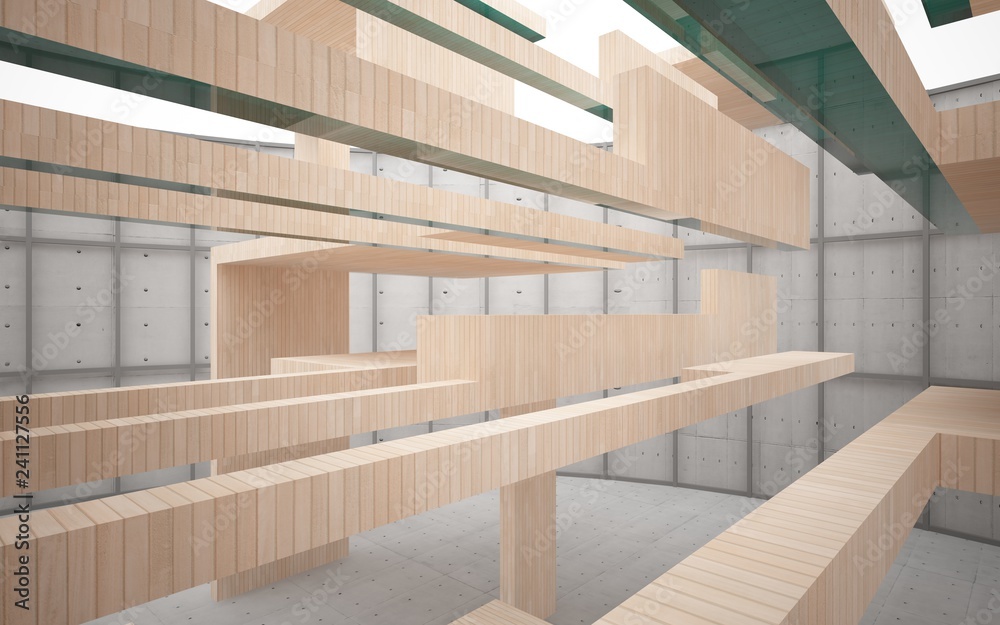 Abstract interior of wood, glass and concrete. 3D illustration. rendering Abstract interior of wood, glass and concrete. 3D illustration. rendering