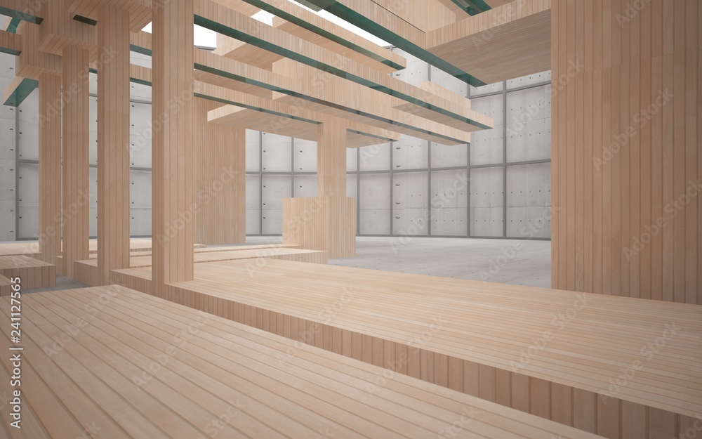 Obraz premium Abstract interior of wood, glass and concrete. 3D illustration. rendering 