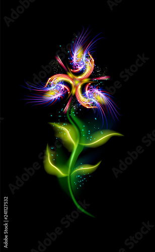 Modern blue glowing flower. Colorful ornamental floral element in black background. Beautiful trendy illuminated ornaments with decorative luxury glow for your design in vector illustration © Nanotrillion