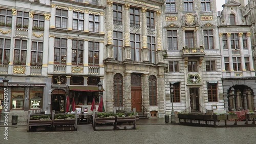 Brussels, Belgium Grand Place historic buildings facade day view.
Grand Square or Grote Markt central square, with buildings L Etoile, Le Cygne, L Arbre d or, La Rose, Le Mont Thabor.
 photo