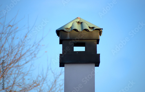 In this sunny winter day with branches in the background you see in the foreground this geometric chimney pot
