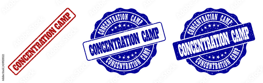 Fototapeta premium CONCENTRATION CAMP grunge stamp seals in red and blue colors. Vector CONCENTRATION CAMP imprints with grunge surface. Graphic elements are rounded rectangles, rosettes, circles and text captions.