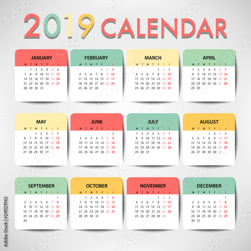 Pastel color Calendar for 2019 template design. Week Starts Monday