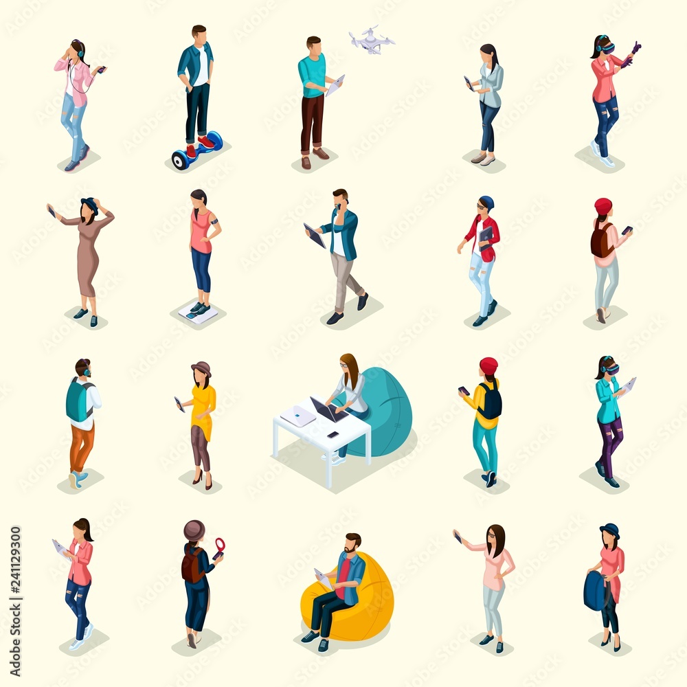 Set of 20 Trendy isometric people and gadgets, teenagers, students, using hi tech technology, mobile phones, pad, laptops, make selfie, smart watches, virtual games, navigators