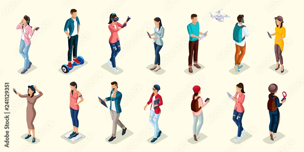 Trendy Isometric people and gadgets, teenagers, young people, students, using hi tech technology, mobile phones, pad, laptops, make selfie, smart watches, virtual games, navigators