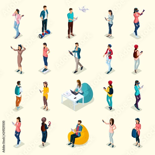Set of 20 Trendy isometric people and gadgets, teenagers, students, using hi tech technology, mobile phones, pad, laptops, make selfie, smart watches, virtual games, navigators