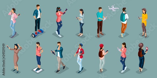 Trendy Isometric people and gadgets, teenagers, young people, students, using hi tech technology, mobile phones, pad, laptops, make selfie, smart watches, virtual games, navigators green background