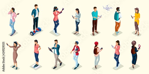 Trendy Isometric people and gadgets  teenagers  young people  students  using hi tech technology  mobile phones  pad  laptops  make selfie  smart watches  virtual games  navigators