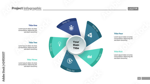 Five fan blades process chart slide template. Business data. Workflow, step, design. Creative concept for infographic, presentation, report. For topics like management, production, planning.