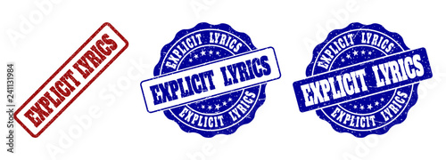 EXPLICIT LYRICS scratched stamp seals in red and blue colors. Vector EXPLICIT LYRICS marks with grainy surface. Graphic elements are rounded rectangles, rosettes, circles and text captions.