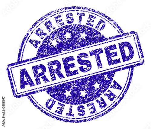 ARRESTED stamp seal watermark with distress texture. Designed with rounded rectangles and circles. Blue vector rubber print of ARRESTED caption with corroded texture.