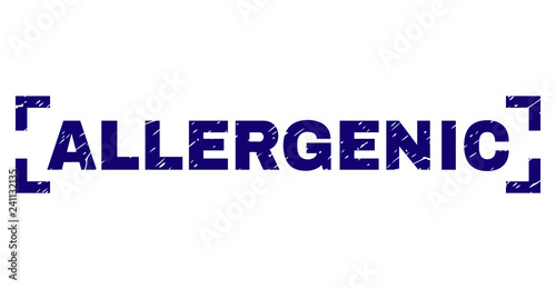 ALLERGENIC label seal print with corroded texture. Text tag is placed between corners. Blue vector rubber print of ALLERGENIC with unclean texture.