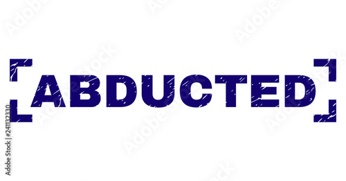 ABDUCTED tag seal print with grunge texture. Text tag is placed inside corners. Blue vector rubber print of ABDUCTED with dirty texture.