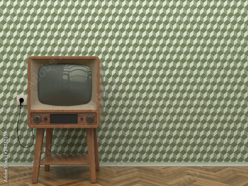 Old retro TV in the interior of the living room stands on the parquet floor on a background of a wall with green abstract wallpaper. Copy space. 3D illustration.