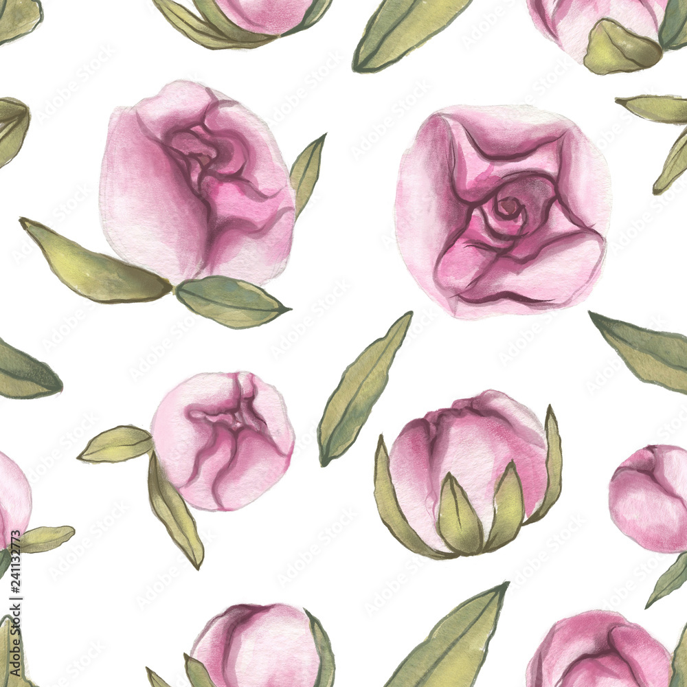 Seamless pattern. Valentines Day. Delicate Love. Hand drawn water color Peony Flowers with leaves on the flat white background Seamless pattern. Valentines Day. Delicate Love. Hand drawn water color Peony Flowers with leaves on the flat white background
