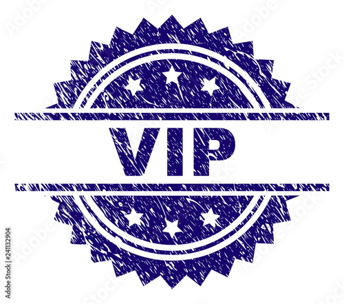VIP stamp seal watermark with distress style. Blue vector rubber print of VIP title with scratched texture.