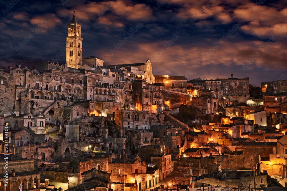 Matera, Basilicata, Italy: landscape of the old town at night