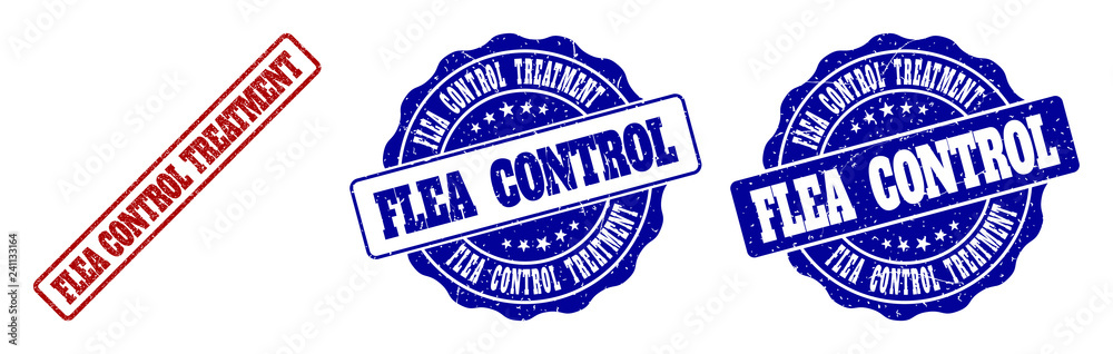 Obraz premium FLEA CONTROL TREATMENT grunge stamp seals in red and blue colors. Vector FLEA CONTROL TREATMENT labels with scratced effect. Graphic elements are rounded rectangles, rosettes, circles and text labels.