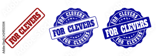 FOR CLEVERS scratched stamp seals in red and blue colors. Vector FOR CLEVERS labels with dirty style. Graphic elements are rounded rectangles, rosettes, circles and text labels.