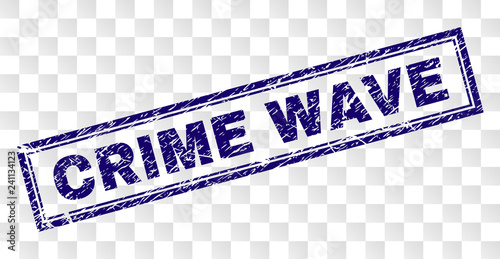 CRIME WAVE stamp seal print with rubber print style and double framed rectangle shape. Stamp is placed on a transparent background. Blue vector rubber print of CRIME WAVE text with unclean texture.
