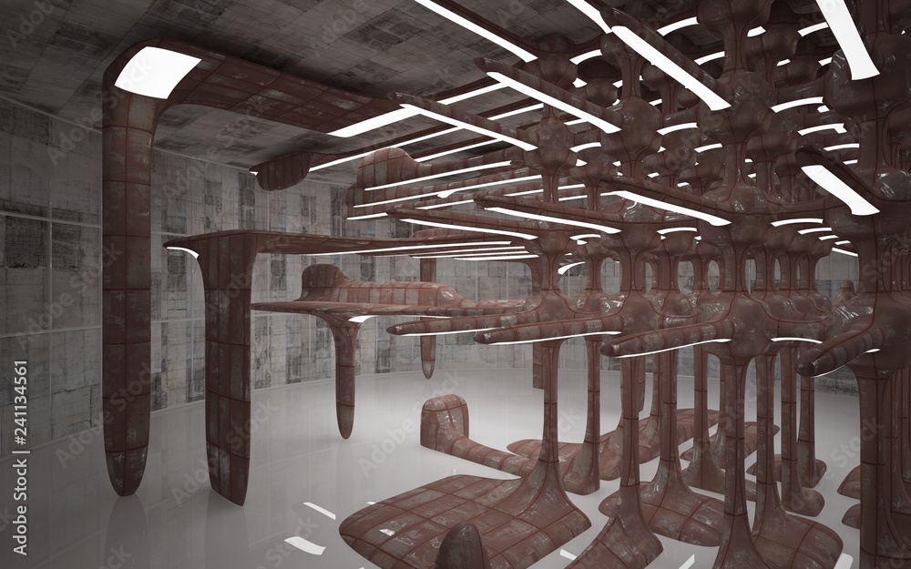 Empty smooth abstract room interior of sheets rusted metal. Architectural background. Night view of the illuminated. 3D illustration and rendering Empty smooth abstract room interior of sheets rusted metal. Architectural background. Night view of the illuminated. 3D illustration and rendering
