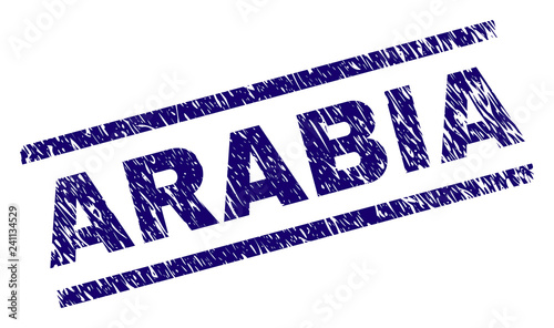 ARABIA seal print with grunge style. Blue vector rubber print of ARABIA text with unclean texture. Text caption is placed between parallel lines.
