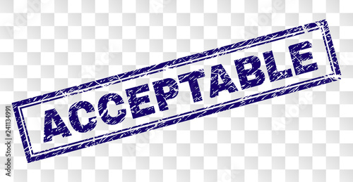 ACCEPTABLE stamp seal print with rubber print style and double framed rectangle shape. Stamp is placed on a transparent background. Blue vector rubber print of ACCEPTABLE text with unclean texture.