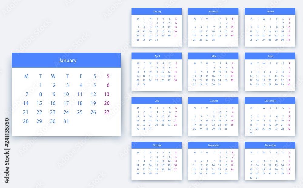 simple calendar 2019 yesr, Stock vector design eps10. simple calendar 2019 yesr, Stock vector design eps10.