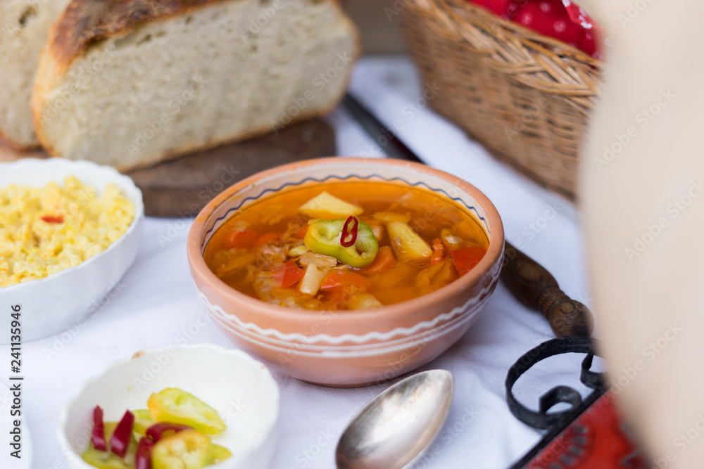 hungarian traditional food, goulash soup with fresh bread hungarian traditional food, goulash soup with fresh bread