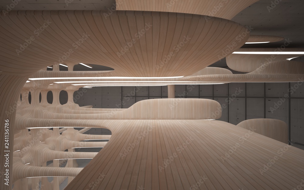 Obraz premium Empty dark abstract concrete and wood room smooth interior. Architectural background. Night view of the illuminated. 3D illustration and rendering