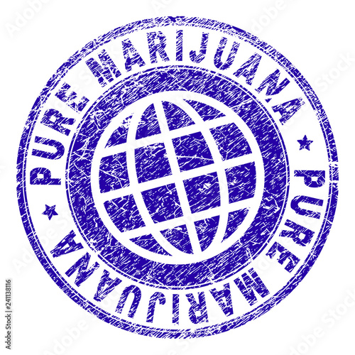 PURE MARIJUANA stamp watermark with grunge texture. Blue vector rubber seal print of PURE MARIJUANA tag with grunge texture. Seal has words placed by circle and globe symbol.