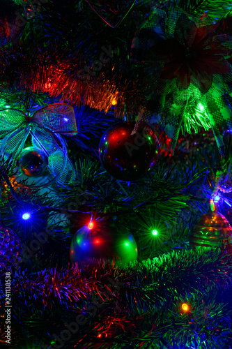 Christmas tree  toys  garlands. Close-up