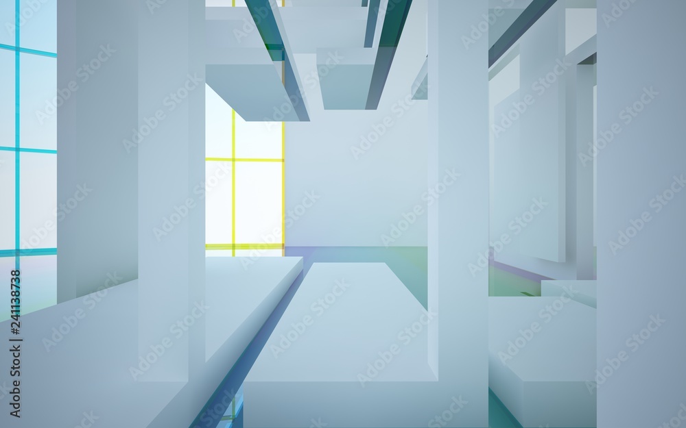Fototapeta premium Abstract white and colored gradient glasses interior multilevel public space with window. 3D illustration and rendering.