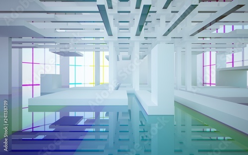 Abstract white and colored gradient glasses interior multilevel public space with window. 3D illustration and rendering.