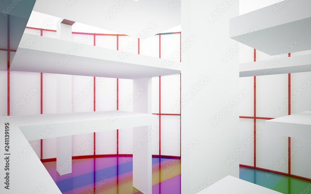 Obraz premium Abstract white and colored gradient glasses interior multilevel public space with window. 3D illustration and rendering.