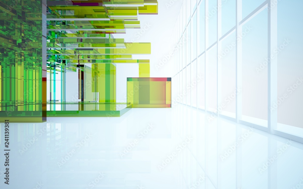 Obraz premium Abstract dynamic interior with gradient colored objects. 3D illustration and rendering