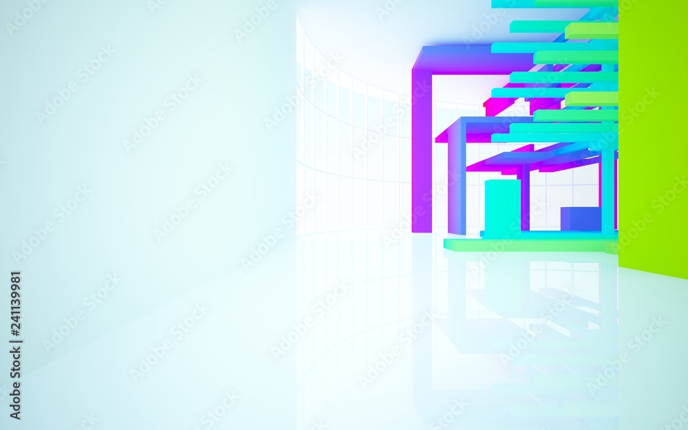 Fototapeta premium Abstract white and colored gradient interior multilevel public space with window. 3D illustration and rendering.