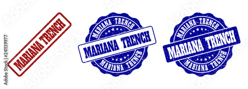 MARIANA TRENCH grunge stamp seals in red and blue colors. Vector MARIANA TRENCH signs with grunge effect. Graphic elements are rounded rectangles, rosettes, circles and text tags.