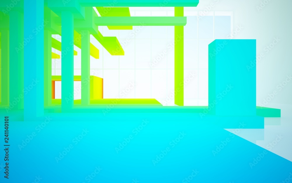 Fototapeta premium Abstract white and colored gradient interior multilevel public space with window. 3D illustration and rendering.