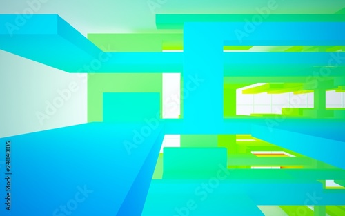 Abstract white and colored gradient interior multilevel public space with window. 3D illustration and rendering.