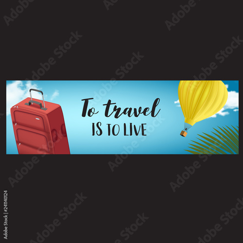 Vector horisontal summer travel banner with realistic balloon, cloud and palm leaves and travel bag.