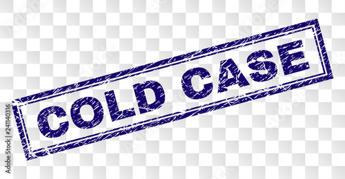 COLD CASE stamp seal imprint with rubber print style and double framed rectangle shape. Stamp is placed on a transparent background. Blue vector rubber print of COLD CASE text with retro texture.