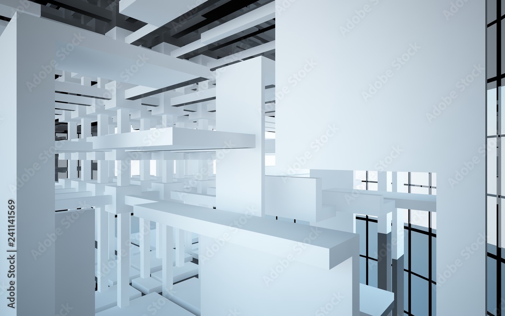 Abstract white and black interior multilevel public space with window. 3D illustration and rendering. Abstract white and black interior multilevel public space with window. 3D illustration and rendering.