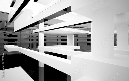 Abstract white and black interior multilevel public space with window. 3D illustration and rendering. © SERGEYMANSUROV