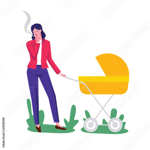 Color vector flat style illustration. Young mother walks with a stroller. Woman with a child smokes a cigarette. Conceptual poster about the dangers of passive smoking. Smoking mother with a baby
